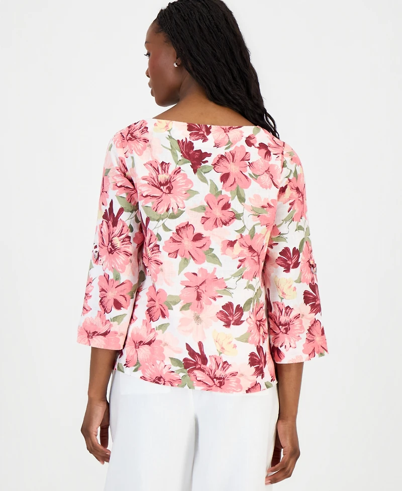 Charter Club Petite 100% Linen Cuffed Top, Created for Macy's