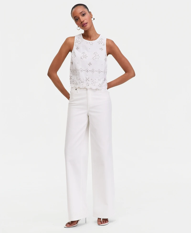 I.n.c. International Concepts Women's Crystal Embellished Eyelet Sleeveless Top, Macy's Exclusive