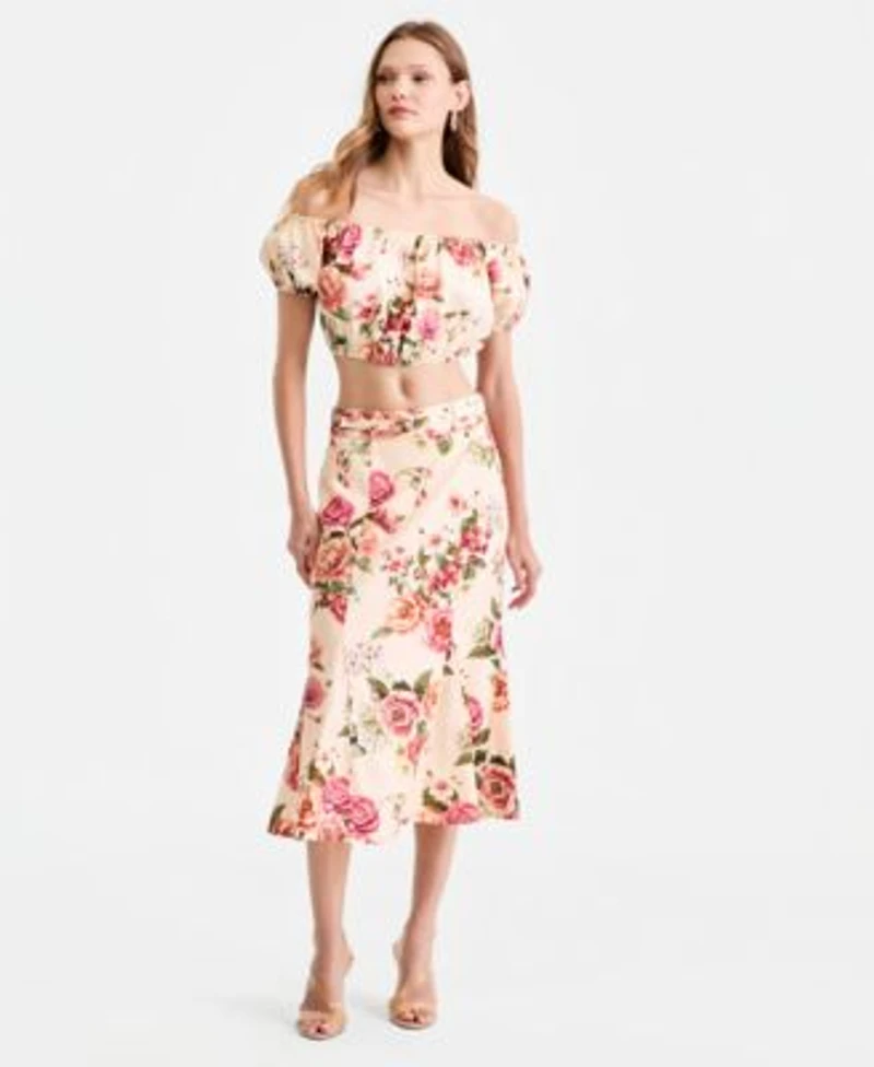 Guess Womens Ryan Off The Shoulder Top Ryan Floral Midi Skirt