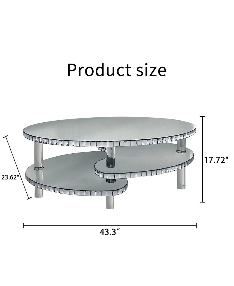 Streamdale Furniture Mirrored Glass Crystal Oval Coffee Table with Acrylic Legs