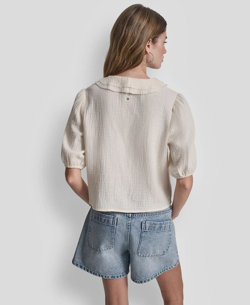 Dkny Jeans Petite Puff Short-Sleeve Tie Front V-Neck Shirt