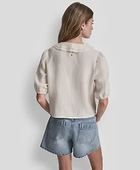 Dkny Jeans Petite Puff Short-Sleeve Tie Front V-Neck Shirt