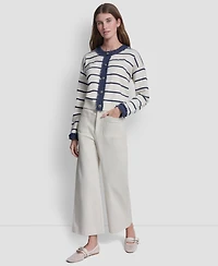 Dkny Jeans Petite Denim Fringe Crewneck Striped Cardigan