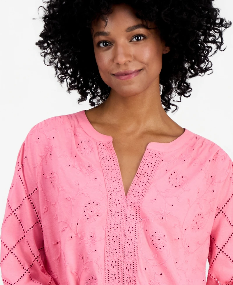 Style & Co Women's Split-Neck Eyelet-Embroidered Top, Exclusively at Macy's