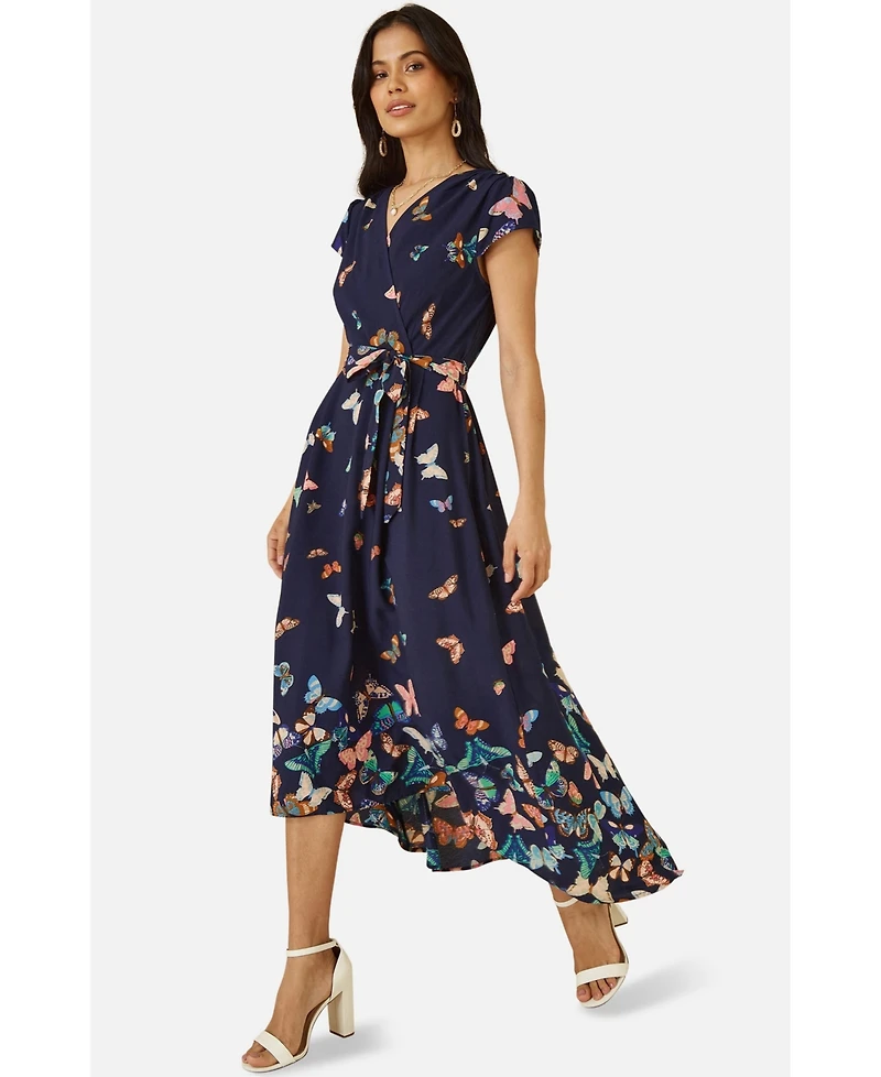 Yumi Women's Butterfly Print Dip Hem Midi Wrap Dress