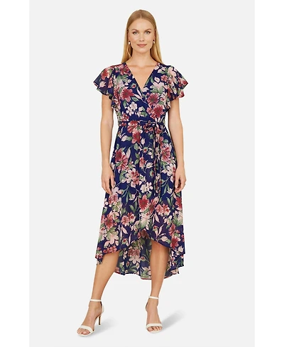 Yumi Women's Floral Wrap Midi Dress With Frill Hem