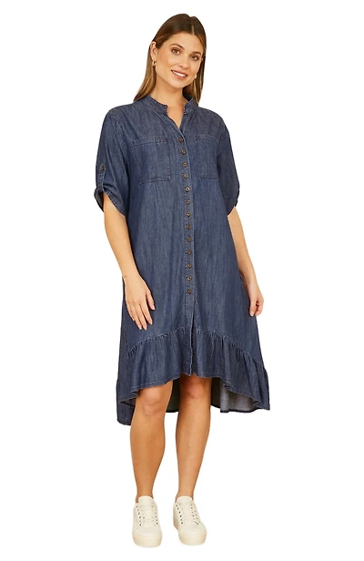 Yumi Women's Denim Dip Hem Relaxed Fit Shirt Dress