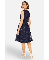 Yumi Women's Sequin Floral Applique Skater Dress