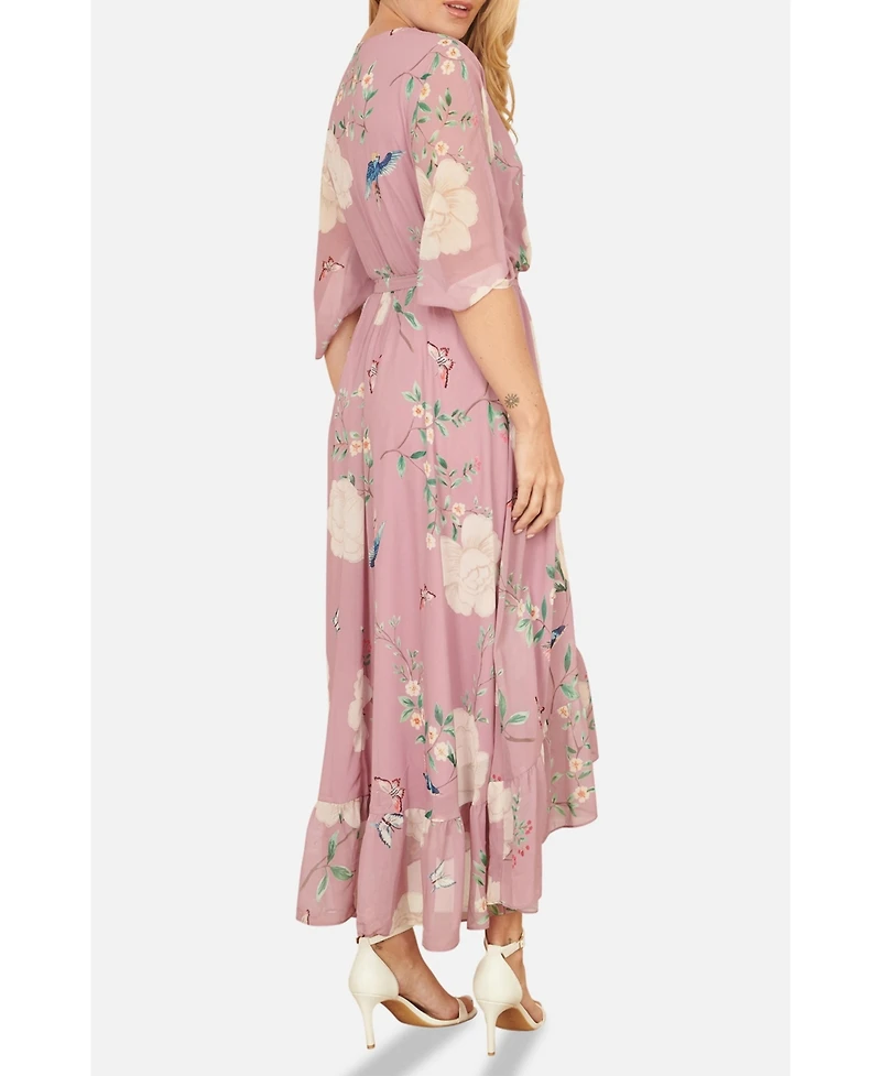 Yumi Women's Bird And Floral Print Midi Wrap Dress