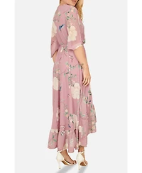 Yumi Women's Bird And Floral Print Midi Wrap Dress
