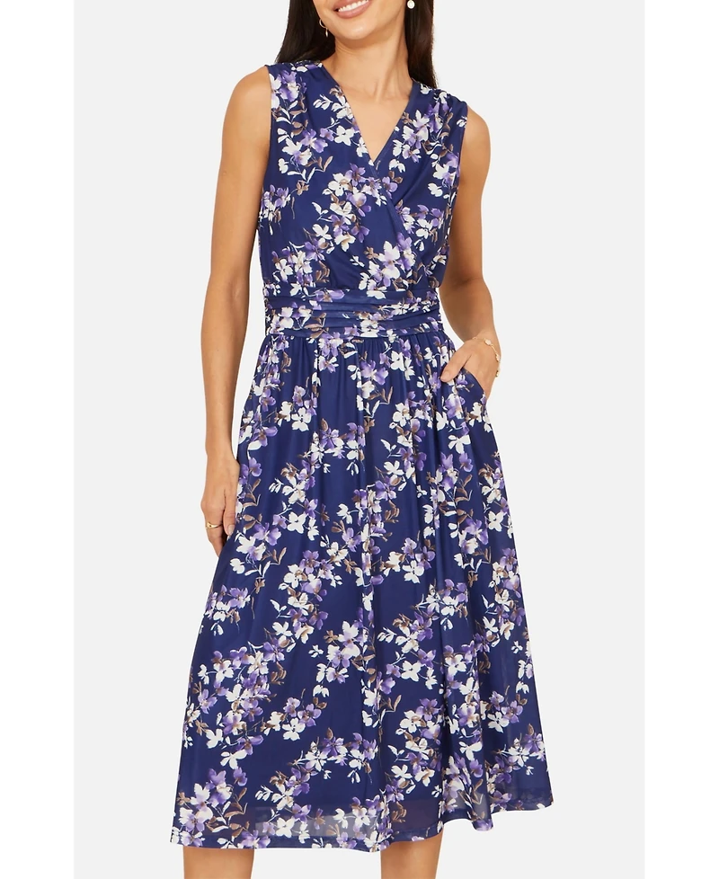 Yumi Women's Blossom Print Mesh Stretch Midi Dress