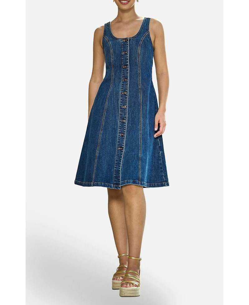 Yumi Women's Stretch Denim Panel Fitted Dress