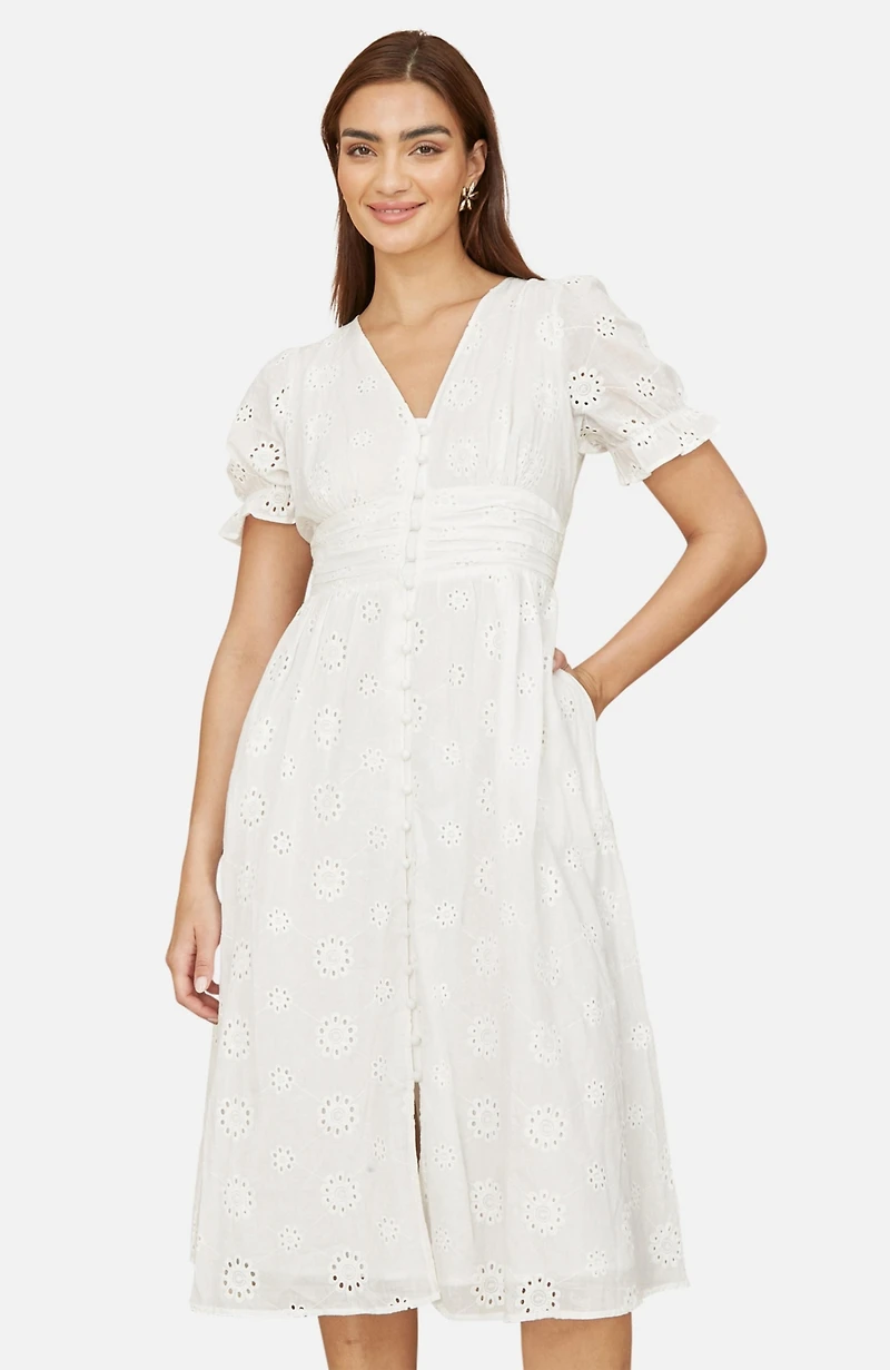 Yumi Women's Broderie Anglaise Midi Button Up Dress