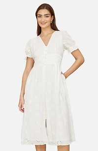 Yumi Women's Broderie Anglaise Midi Button Up Dress