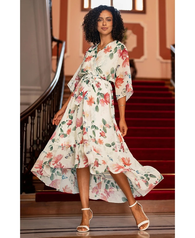 Yumi Women's Floral Dip Hem Kimono Wrap Dress