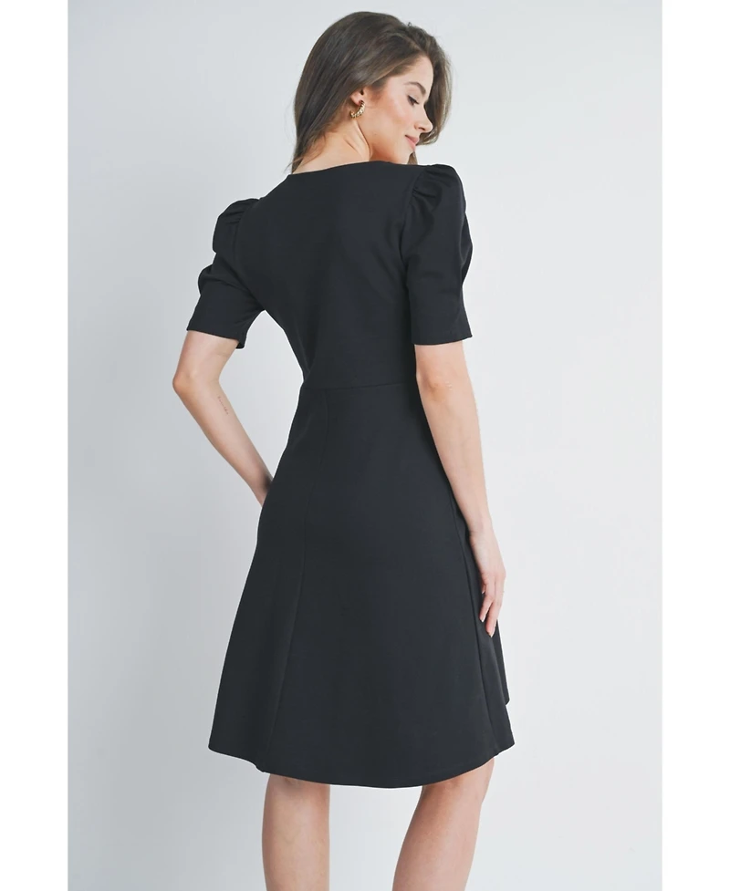 Hello Miz Women's Maternity A-Line V Neck Empire Waist Puff Sleeve Dress