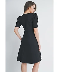 Hello Miz Women's Maternity A-Line V Neck Empire Waist Puff Sleeve Dress