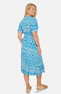 Yumi Women's Geometric Print Puff Sleeve Midi Dress