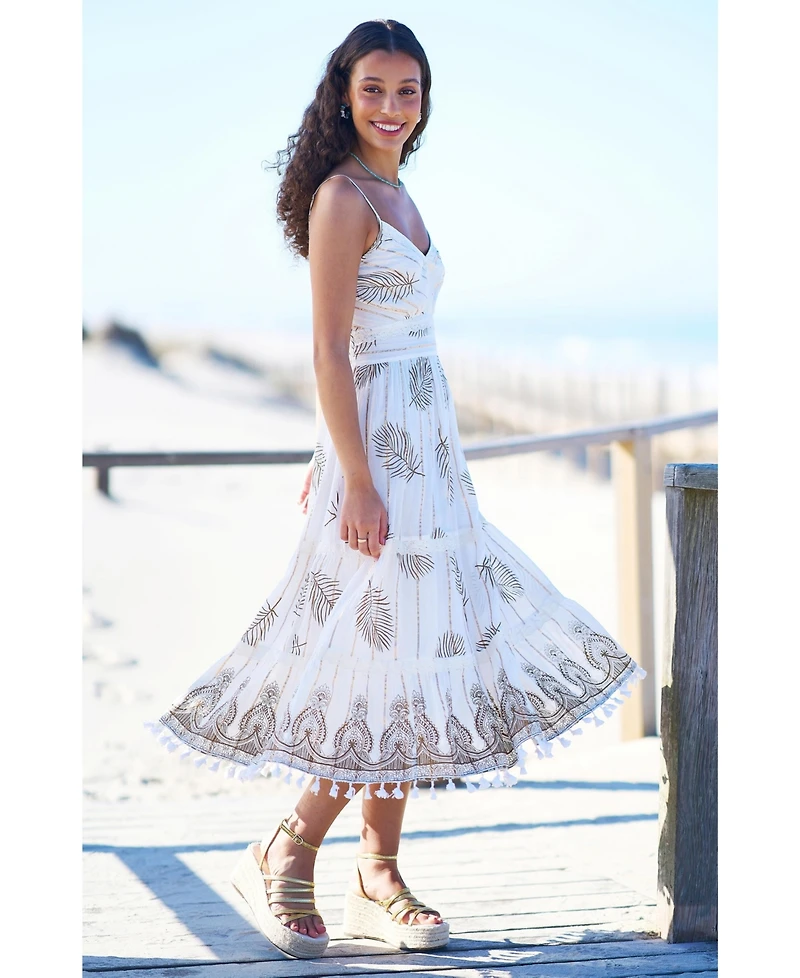 Yumi Women's Foil Print Lace Trim Midi Sun Dress