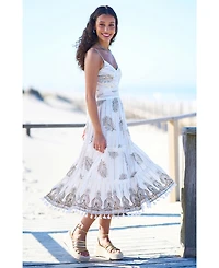 Yumi Women's Foil Print Lace Trim Midi Sun Dress