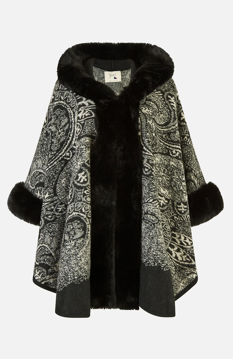 Yumi Women's Paisley Print Faux Fur Trim Cape