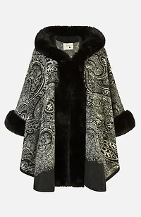 Yumi Women's Paisley Print Faux Fur Trim Cape