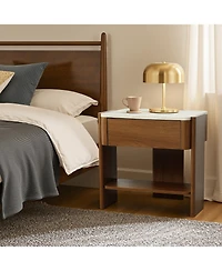 LuxenHome Faux Travertine Nightstand with Drawer and Open Shelf, Mdf Wood Accent Side Table