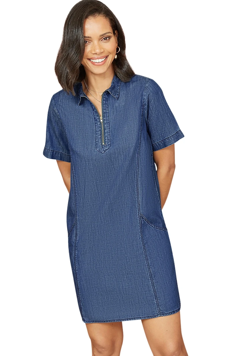 Yumi Women's Cotton Chambray Zip Neckline Dress