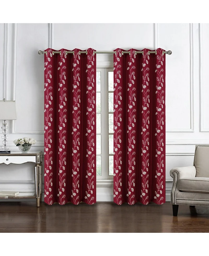Rt Designers Collection 100% Polyester 140 Gsm Reed Embroidered Grommet Curtain Panel 54" x 90" Burgundy