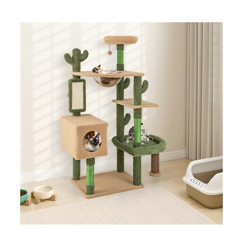 Aostirmotor 59" Cactus Cat Tower, Multi-Level Activity Center with Scratching Posts & Toy, Indoor Kitty Furniture