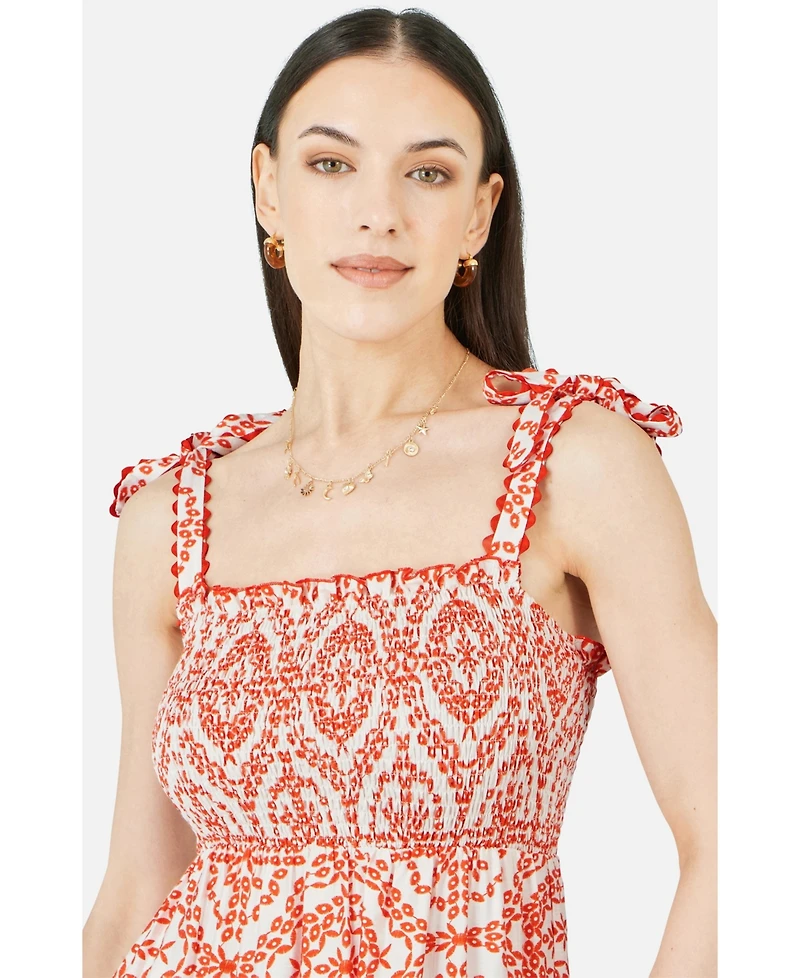 Yumi Women's Viscose Ruched Tie Strap Midi Sun Dress