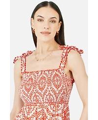 Yumi Women's Viscose Ruched Tie Strap Midi Sun Dress