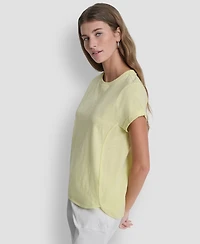 Dkny Sport Women's Embroidered Crewneck Logo Roll-Sleeve Top