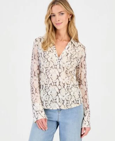 I.N.C. International Concepts Womens Long Sleeve Printed Mesh Collared Top Macys Exclusive