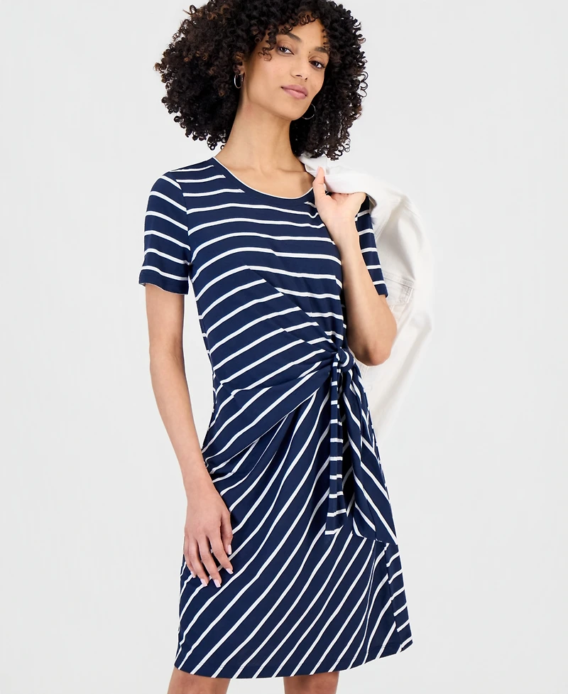 Style & Co Petite Striped Side-Tie Short-Sleeve Dress, Macy's Exclusive