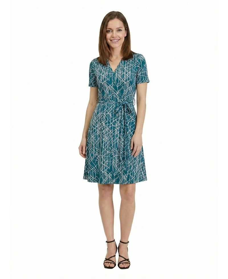 24seven Comfort Apparel Petite Geometric Print V-Neck Tie Waist Dress