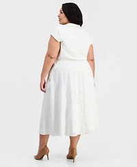 Kasper Plus V-Neck Cap-Sleeve Eyelet Dress