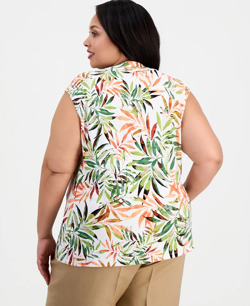 Kasper Plus Printed Cowl-Neck Cap-Sleeve Blouse