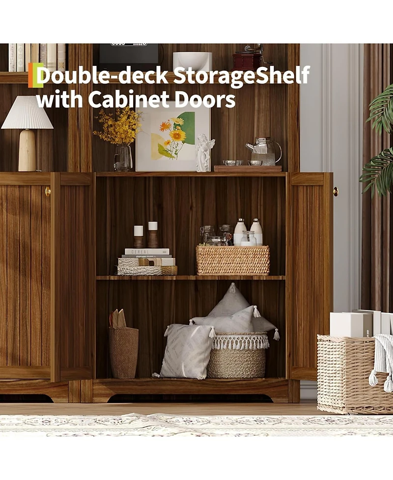 gaomon 72" Modern Natural Arched Cabinet with Gold Handles – 5-Tier Wooden Pantry Double Doors & Adjustable Shelves