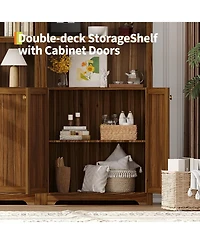 gaomon 72" Modern Natural Arched Cabinet with Gold Handles – 5-Tier Wooden Pantry Double Doors & Adjustable Shelves