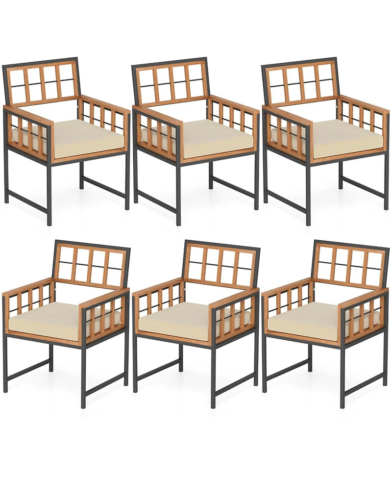 Gymax Acacia Wood Patio Chairs Set of 6 w/Cushions & Metal Frame 400 lbs Capacity