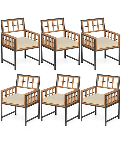 Gymax Acacia Wood Patio Chairs Set of 6 w/Cushions & Metal Frame 400 lbs Capacity
