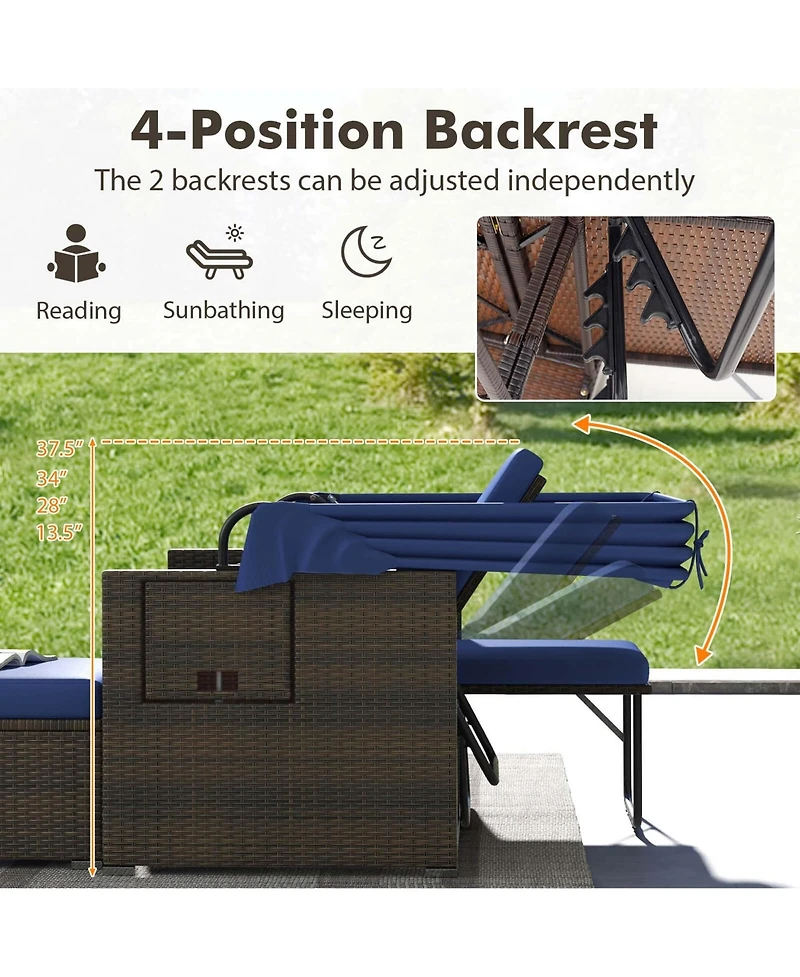 Gymax Rattan Daybed w/ Adjustable Backrests and Retractable Canopy for Patio