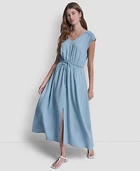 Dkny Jeans Women's Ruched Shoulder Sleeveless V-Neck Dress