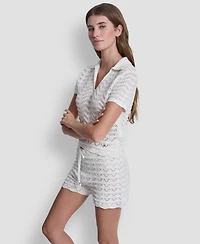 Dkny Jeans Women's Short-Sleeve V-Neck Polo Cropped Sweater