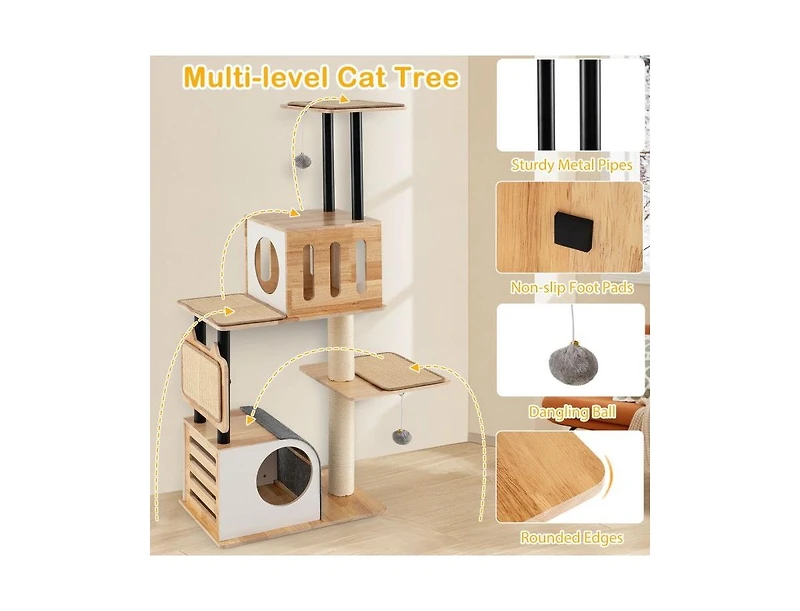Aostirmotor Modern Tall Cat Tower with Double Condos, Dangling Balls & Sisal Carpets, Indoor Cat Furniture