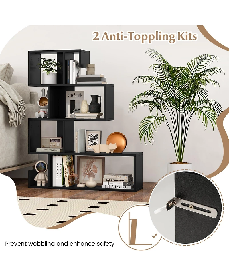 Sugift 5-Tier S-Shaped Bookshelf Geometric Z-Shelf Bookcase with Open Cubes