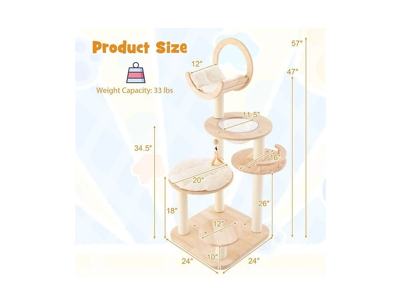 Aostirmotor 4-in-1 Wooden Cat Tower with Space Capsule Nest, Indoor Cat Furniture for Climbing & Play