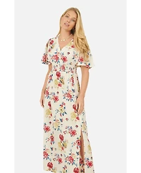 Yumi Women's Ruched Waist V-Neck Midi Dress