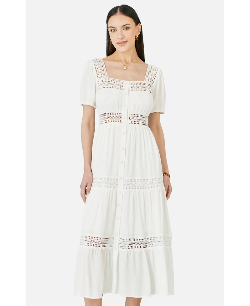 Yumi Women's Cotton Square Neckline Lace Midi Dress
